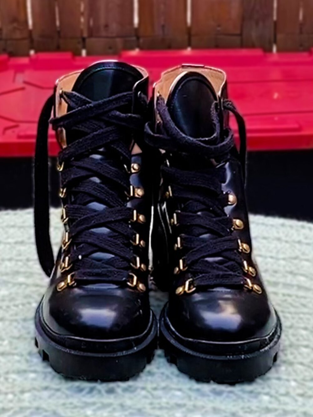 Gucci Black Leather Combat Boots Gold-Tone Hardware Lug Sole Women's Size 9